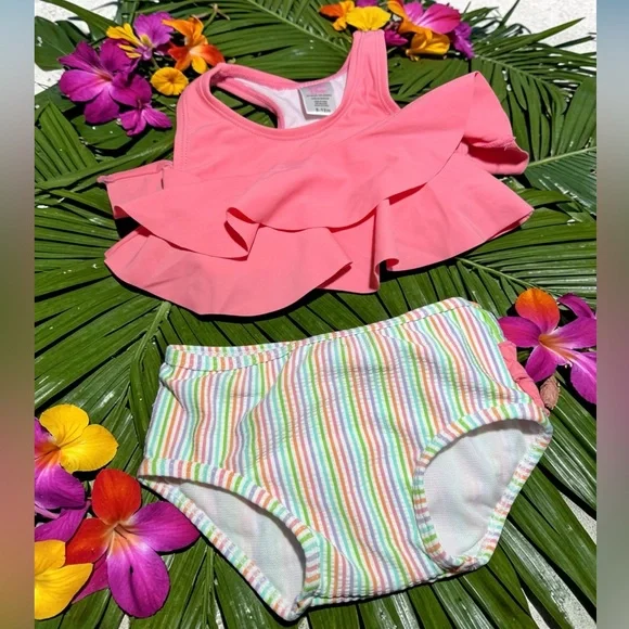 Ruffle Butts Coral & Stripe Infant Bikini Set - Picture 2 of 3